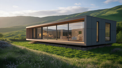 Obraz premium Modern, sleek modular home nestled in a tranquil green valley at sunset