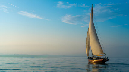 Fototapeta premium Classic wooden sailboat sailing on calm sea at sunset