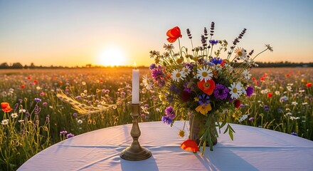Floral splendor under golden sunset light: A picturesque wildflower meadow scene