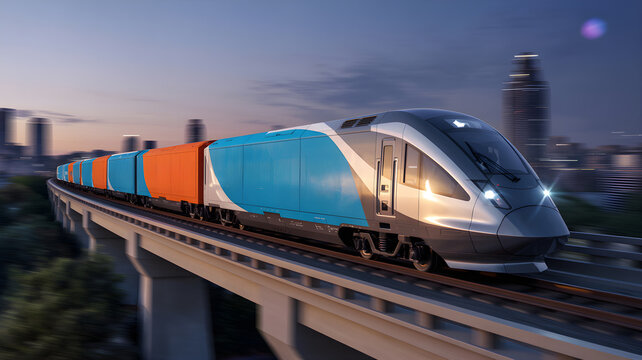 Modern high speed train traveling on elevated railway at sunset in city