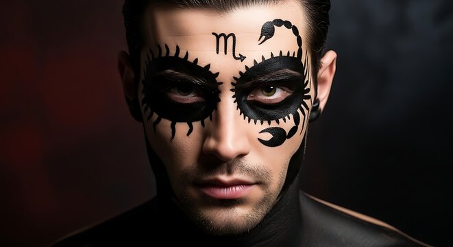 Mystical man portrait with scorpio zodiac makeup and intense gaze against dark backdrop