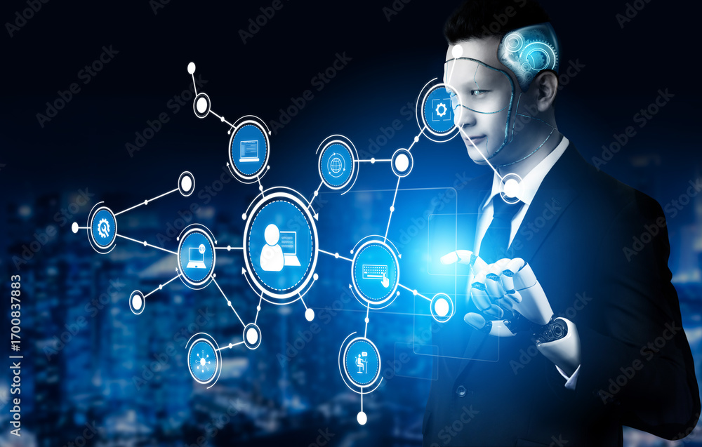Poster a businessman interacts with an advanced artificial intelligence interface, showcasing data connecti