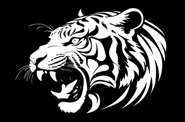 Aggressive Black and White Tiger Head Roaring Logo Vector. Vector illustration of a roaring tiger head in bold black and white design. Ideal for sports team mascot, tattoo art, emblem, or branding
