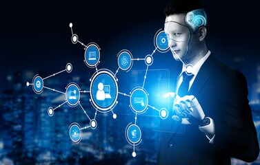 A businessman interacts with an advanced artificial intelligence interface, showcasing data connections in a dynamic digital environment, emphasizing innovation and technology. Tessel