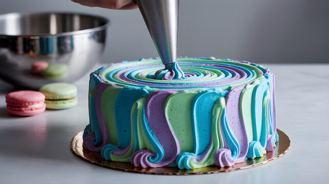 Pastry chef decorating cake with colorful frosting and macarons