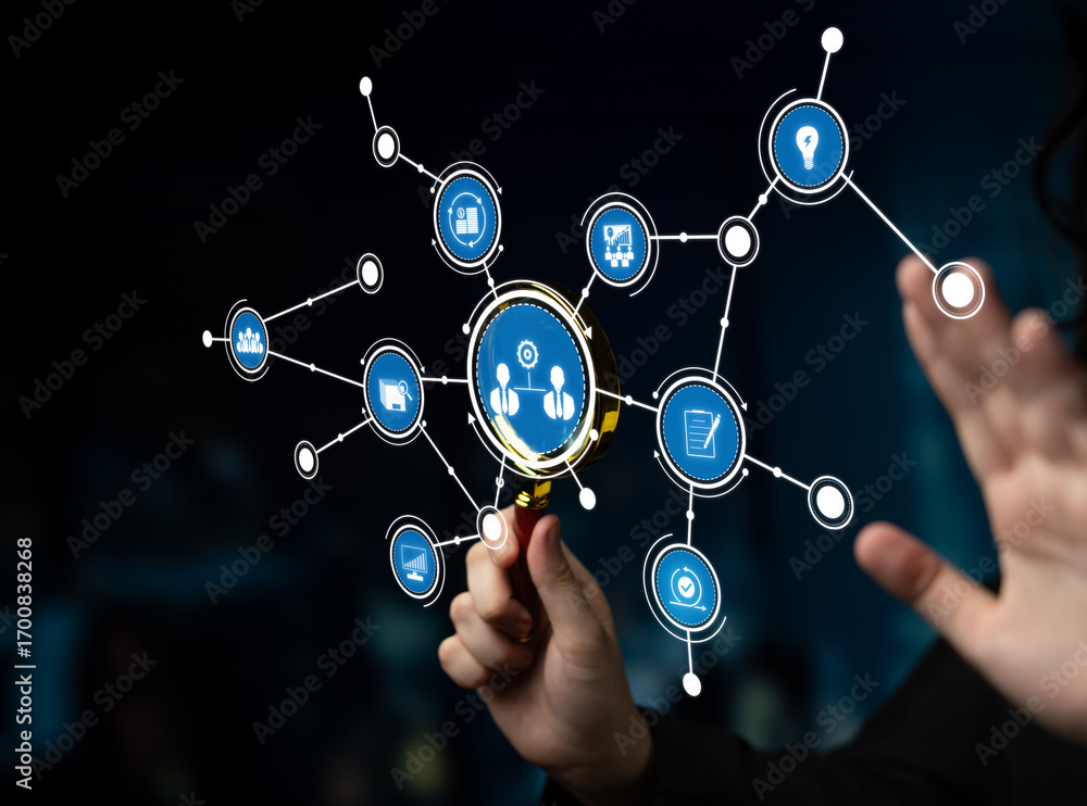 Poster a person hand engages with a digital network interface, showcasing multiple connected icons symboliz