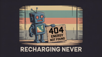Robot holding a 404 energy not found sign, recharging never