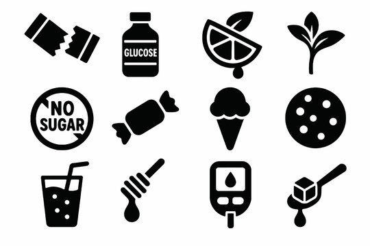 Sugar and sweeteners icon set. Solid vector icons of sugar packet, stevia, fructose, cookie, soda, ice cream and glucometer. Sweet food pack.
