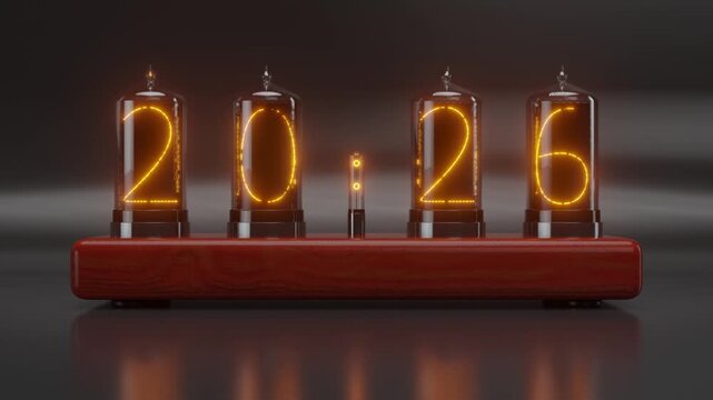Close-up 3D animation of a retro Nixie tube display, counting down from 2025 to the New Year 2026. Concept of time passing, celebration, and a futuristic vintage aesthetic.
