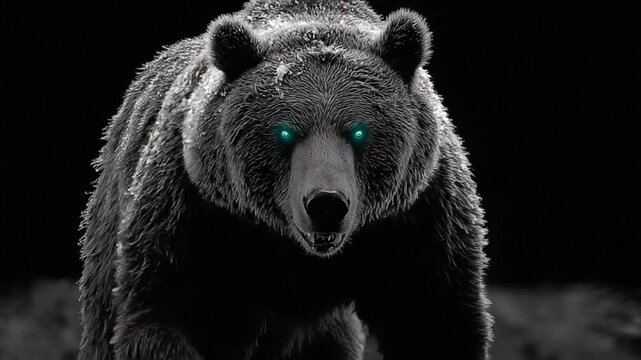 Powerful grizzly bear with glowing eyes, charging through a snowy environment.