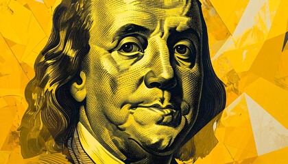 Close-up portrait of Benjamin Franklin, rendered in bold, gold-toned detail against a backdrop of vibrant yellow geometric shapes.