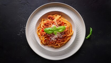 overhead shot of a beautifully presented spaghetti bolognese rich in tomato sauce and topped with a sprinkle of fresh basil leaves placed on a white ceramic plate against a dark background