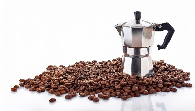 coffee beans and bialetti coffee maker moka pot isolated on white background coffee