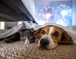 Silvester &auml;ngstliche Haustiere unter dem Bett
 ​versteckt. New Year's Eve frightened animals