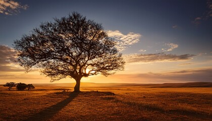 Naklejka premium tree silhouette against sky at golden hour in open landscape