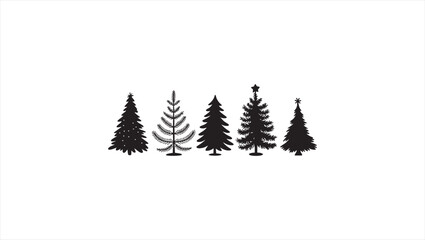 Obraz premium Vector collection of five black Christmas tree icons. Xmas fir tree silhouette set for winter holiday celebration design