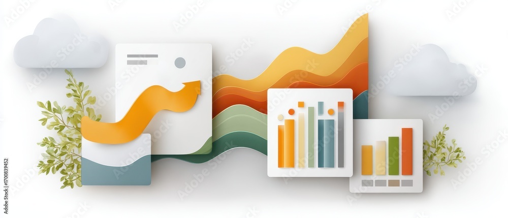 Poster modern finance dashboard with arrows and charts illustrating digital data trends in a flat design st