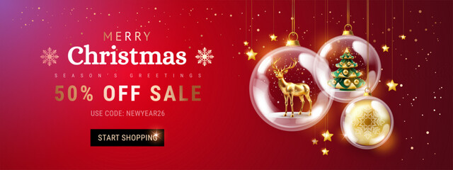 Christmas Sale banner template - classic red and gold background with Christmas decorations in glass balls - reindeer, Christmas tree, snowflakes