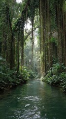 Lush rainforest with a serene river at midday