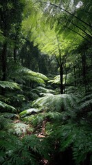 Lush green ferns create a tranquil forest path