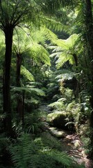 Lush rainforest with ferns and stream