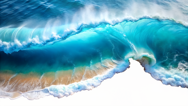 A dynamic blue ocean wave with white foam rolling towards a sandy beach isolated on transparent background