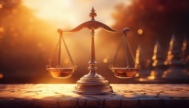 symbolic balance scales of justice object in warm sunlight