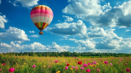 Naklejka premium Vibrant hot air balloon soaring over a lush field adorned with colorful flowers beneath a cloudy sky