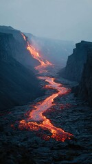Lava flows through rugged landscape at dusk