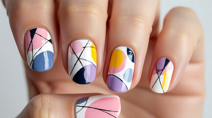 Abstract geometric nail art with pink, yellow, blue, and purple shapes and black lines manicured fingernails, showing creative and colorful design