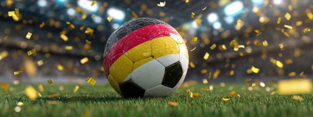 German flag soccer ball resting on wet grass surrounded by golden confetti in a vibrant stadium atmosphere