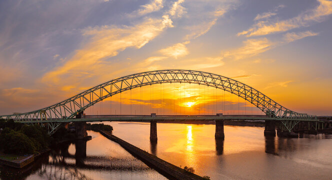 Liverpool, Merseyside, UK, June 19, 2025; aerial view of the Silver Jubilee Bridge over the River Mersey, Liverpool, UK