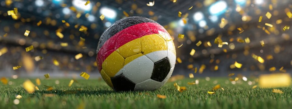 German flag soccer ball resting on wet grass surrounded by golden confetti in a vibrant stadium atmosphere