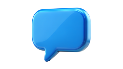 A glossy blue speech bubble icon isolated on a transparent background, representing communication and conversation