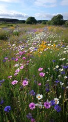 Vibrant wildflower meadow blossoms in sunlight