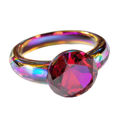 Closeup of a dazzling ruby gemstone ring with a rainbow iridescent band, isolated on transparent background