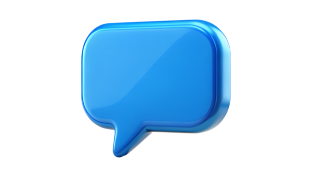 A glossy blue speech bubble icon isolated on a transparent background, representing communication and conversation - Powered by Adobe