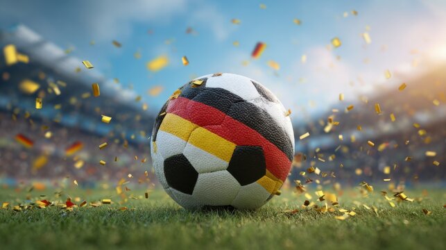 Soccer ball with German flag in a stadium during a celebratory event with confetti in the air