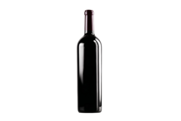 A bottle of red wine is sitting on a white background
