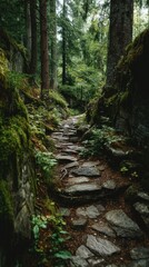 Beautiful stone path through lush green forest