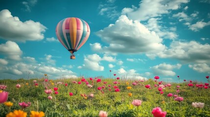 A colorful hot air balloon soars over a vibrant field of flowers beneath a cloudy blue sky