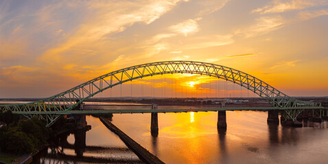 Liverpool, Merseyside, UK, June 19, 2025; aerial view of the Silver Jubilee Bridge over the River Mersey, Liverpool, UK