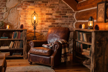 Naklejka premium Cozy Rustic Living Room with Leather Chair and Warm Lighting