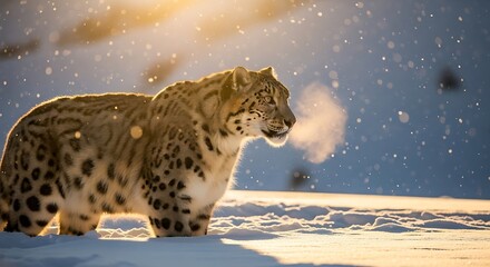 A majestic snow leopard exhales a cloud of steam in the cold, snowy mountains during a golden sunrise.