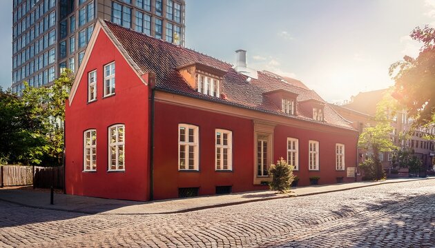 elegant red house near modern city building on cobblestone street under sunlight