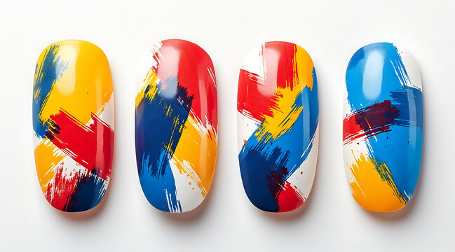 Abstract brushstroke nail art design with vibrant red, blue, yellow, and white colors creating bold and artistic look on artificial nails