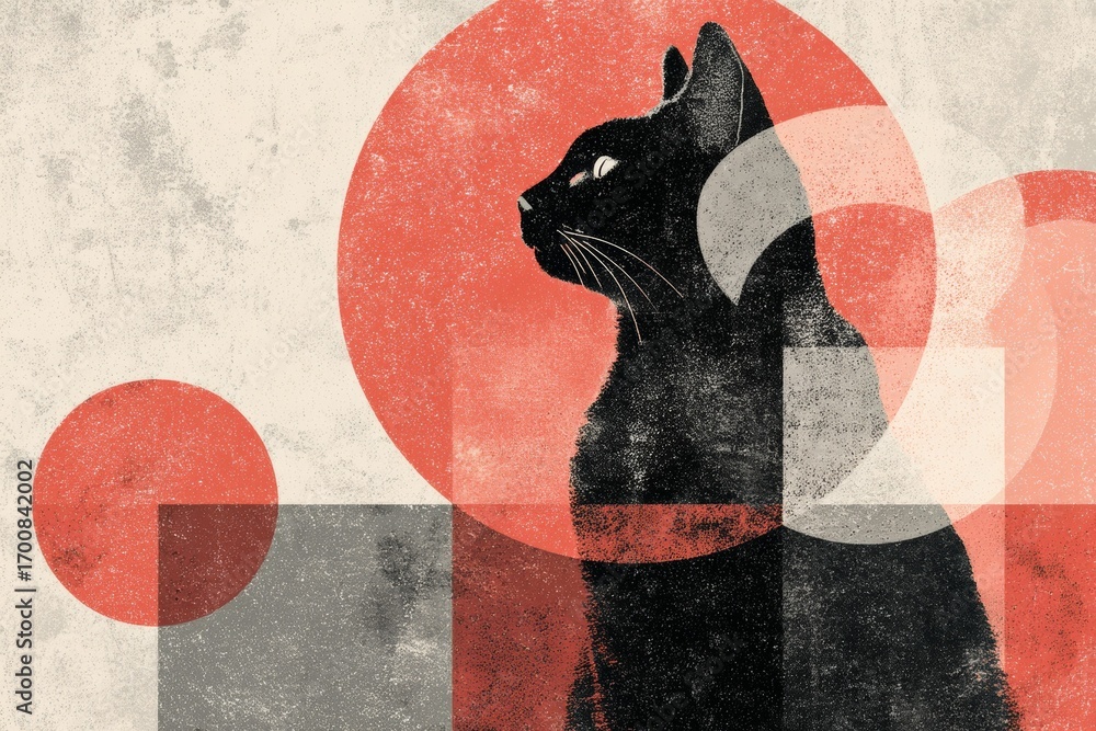Poster abstract black cat with geometric red circles and textured background