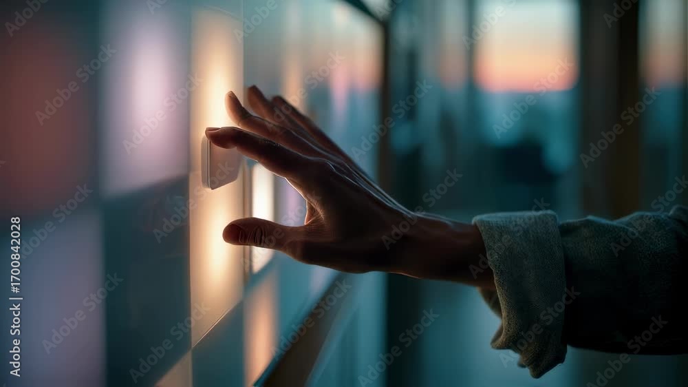 Poster medium shot of a user adjusting a sleek ambient aidriven light panel with soft glowing colors shifti