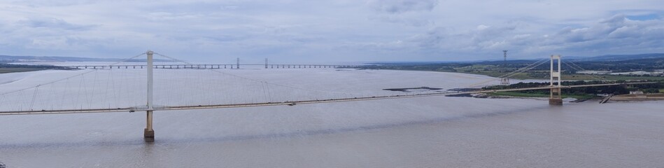 River Severn, South Gloucestershire, UK, June 22, 2025; aerial view of the Severn Bridge over the River Severn, South Gloucestershire, UK