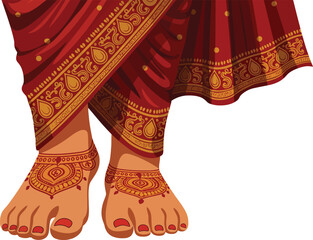 A close-up of graceful female feet adorned with traditional Indian gold anklets and intricate sari, symbolizing the elegance and beauty of cultural fashion and ritual.